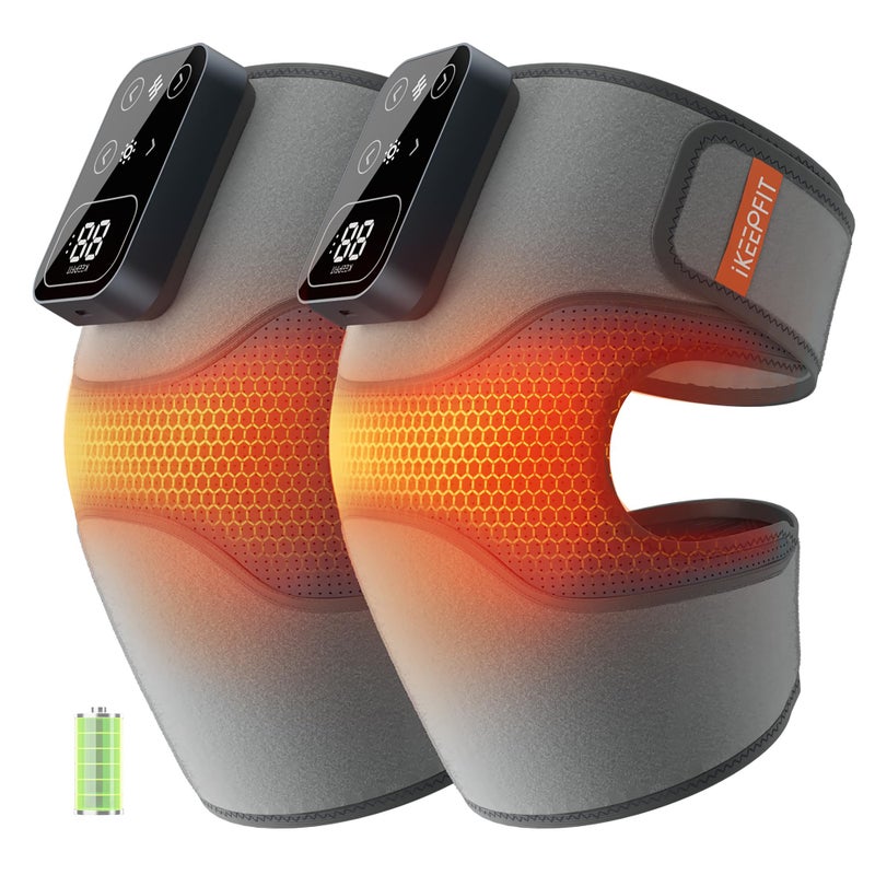 جهاز تدليك الركبة اللاسلكي IKEEPFIT مع اهتزاز الحرارة لتخفيف الألم MAXwarm 402025 دعامة الركبة الكهربائية المدفأة المحدثة مع 5 مستويات حرارة و 3 أوضاع تدليك هدايا للرجال والنساء باللون الرمادي